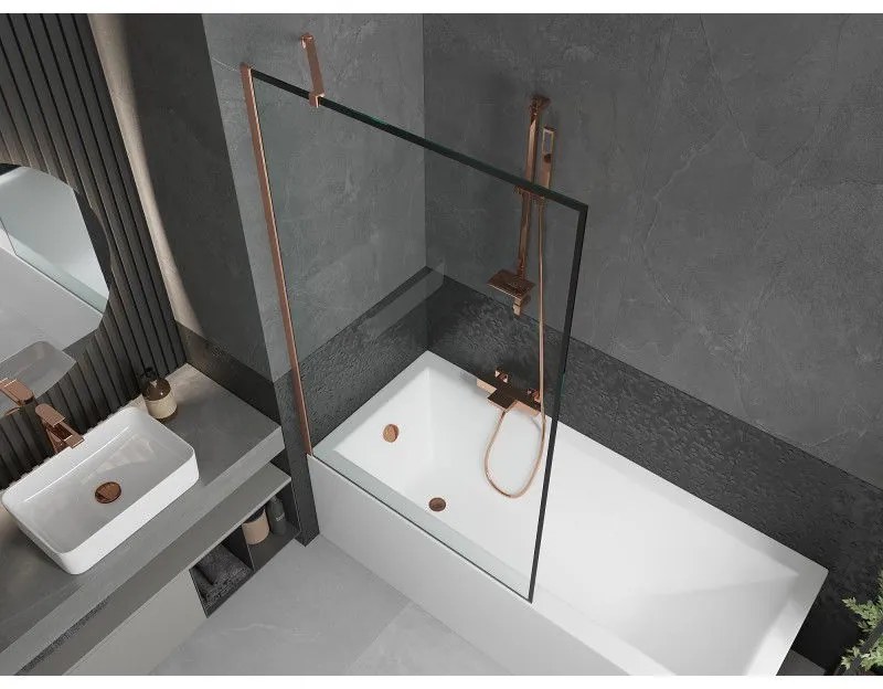 Mexen Next, 1-krídlová vaňová zástena 100 x 150 cm, 6mm číre sklo - čierny vzor, medená matná, 895-100-000-00-70-65