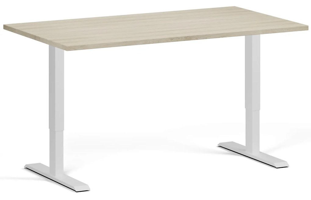 Výškovo nastaviteľný stôl, 140x80 cm, 2 motory, biela podnož, dub prírodný