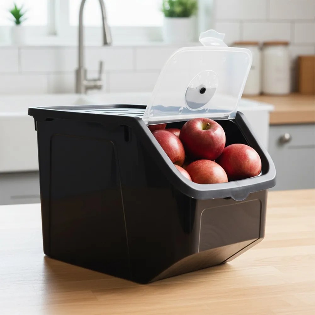 VILDE Skladovací čierny box na cibuľu a zemiaky, čierne veko (13l)