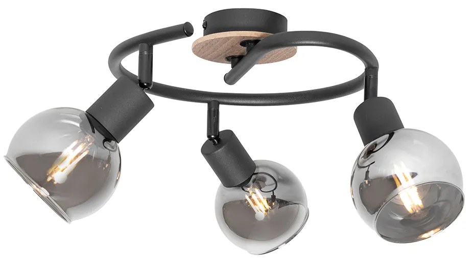 Stropné svietidlo čierne 44,5 cm s dymovým sklom a drevom 3-svetlo - Vidro