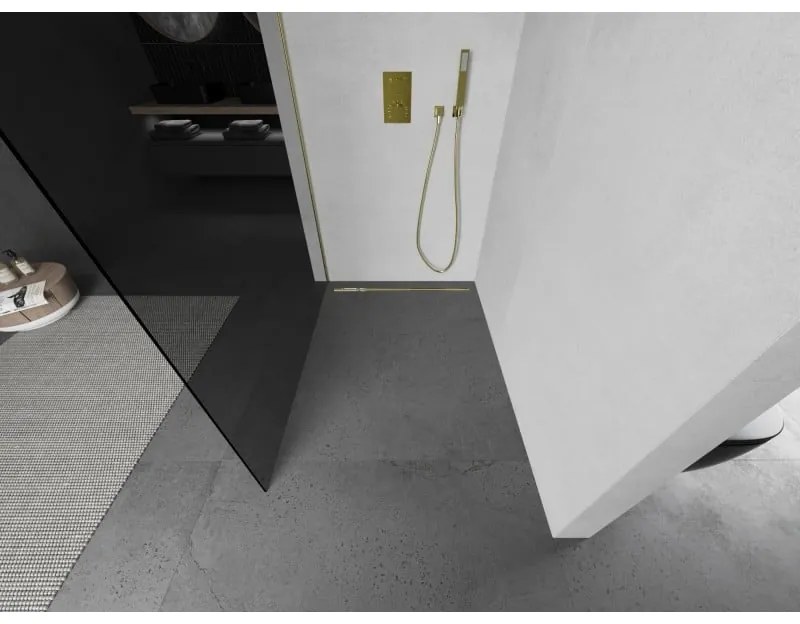 Mexen Kioto, sprchová zástena Walk-In 120 x 200 cm, 8mm šedé sklo, zlatý matný profil, 800-120-101-55-40