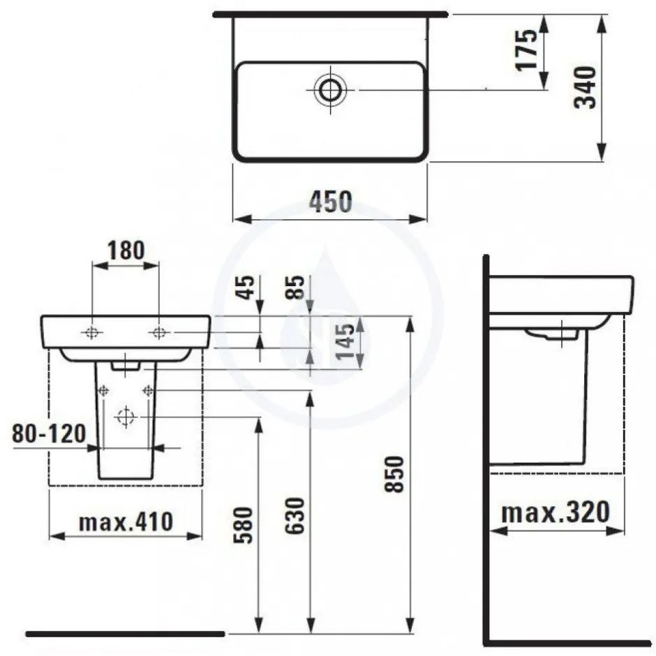 LAUFEN Pro S Umývadielko, 450 mm x 340 mm, bez otvoru na batériu, s LCC biela H8159614001091