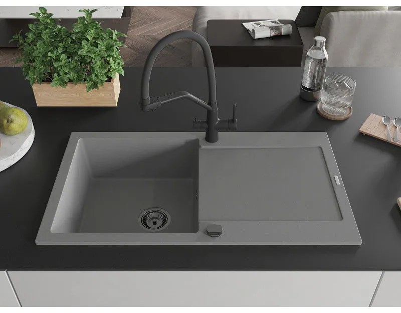 Mexen Leo, 1-komorový granitový drez 900x500x190 mm a drezová batéria Duo, šedá, 6501-71-671701-70-B