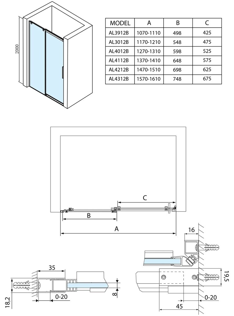Polysan, ALTIS LINE BLACK sprchové dvere 1370-1410mm, výška 2000mm, sklo 8mm, AL4112B