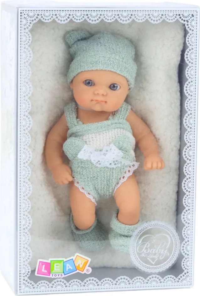 LEAN Toys Bábika bábätko s dekou v bielo-sivom oblečení, čiapka 18 cm