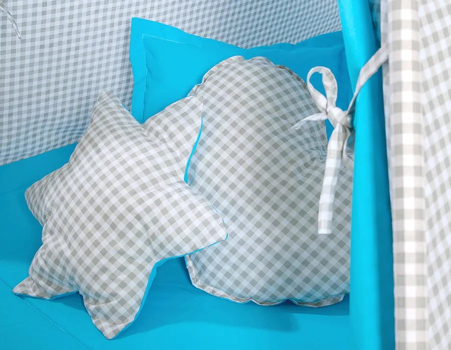 Bobono Detský stan Teepee + hracia podložka + vankúše + ozdobné perie - Šedá kockovaná tyrkysová