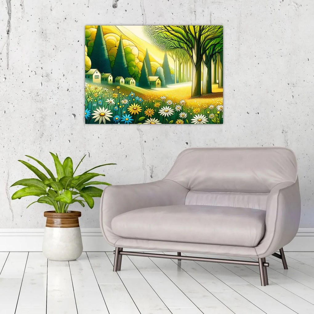 Obraz - Dedina v žlto-zelenej (70x50 cm)
