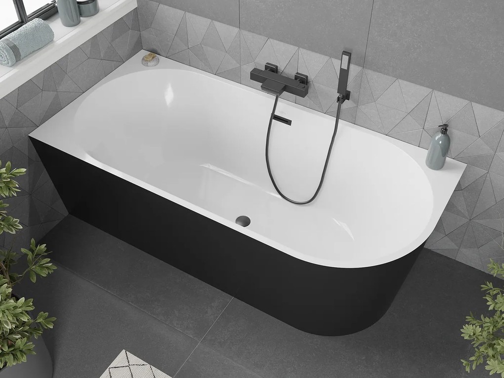 Mexen Mia, rohová voľne stojaca vaňa 170 x 80 cm, ľavá + čierna odtoková zátka a prepadový otvor, čierna-biela, 52691708075L-B