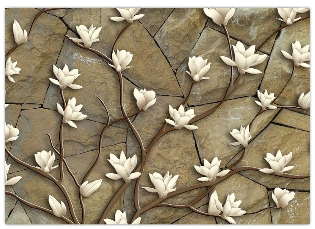 Obraz - Biele magnólie na kamennom murive (70x50 cm)