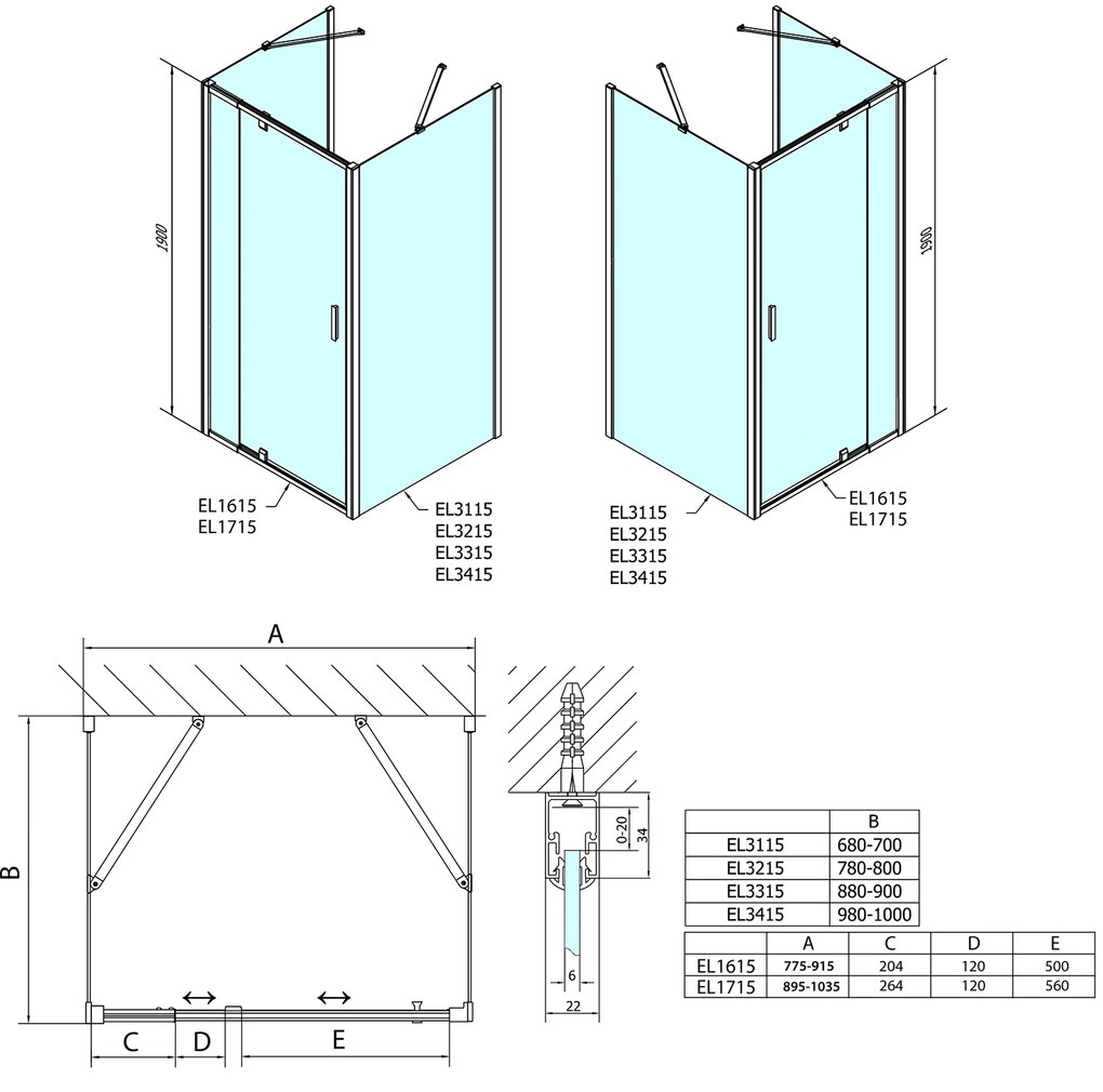 Polysan EASY, 3-stenový sprchový kút 800-900x700mm, pivot dvere L/P varianta, číre sklo, EL1615EL3115EL3115