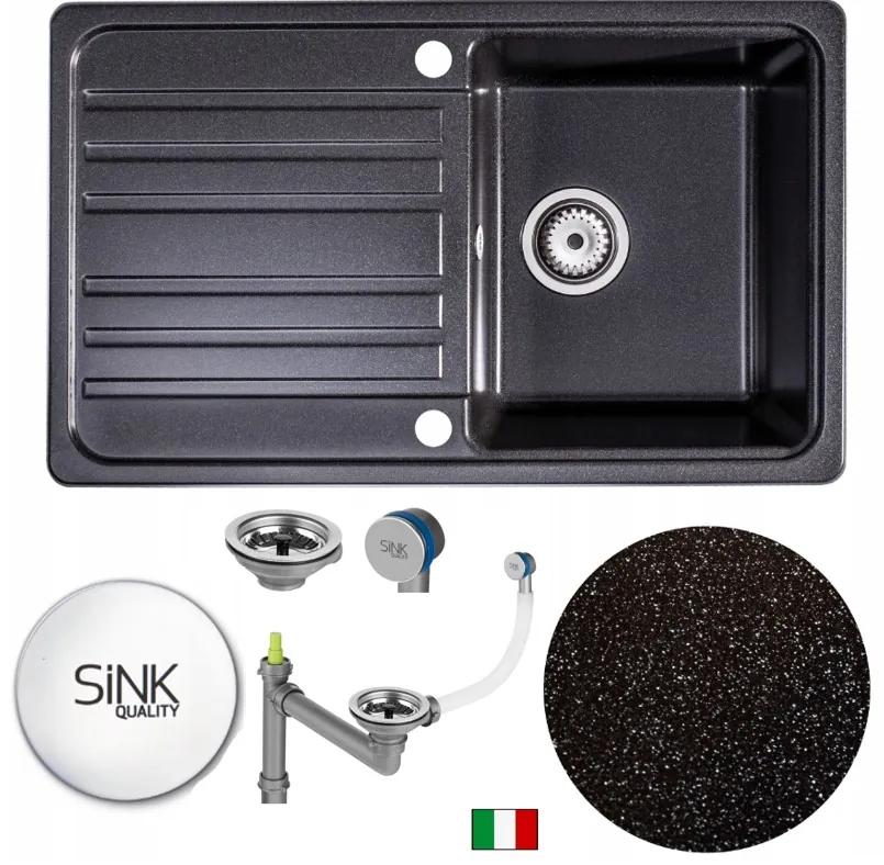 Sink Quality Sapphire, kuchynský granitový drez 755x460x190 mm + chrómový sifón, čierna škvrnitá-BROCADE, SKQ-SAP.B.1KDO.X