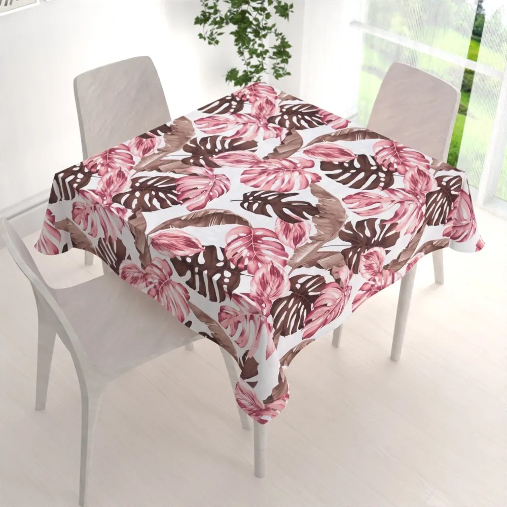 Biante Bavlnený štvorcový obrus Sandra SA-227 Hnedé a staroružové tropické listy na bielom 70x70 cm