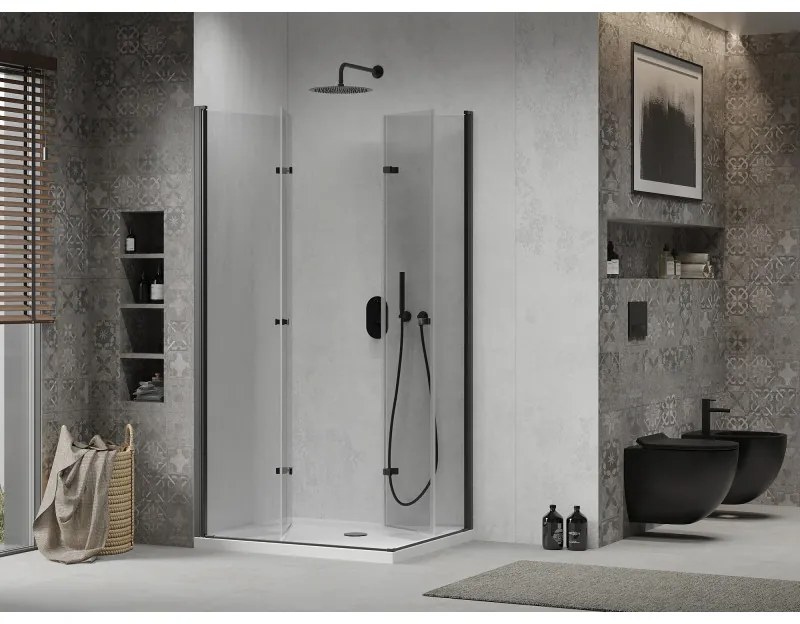 Mexen Lima Duo, sprchovací kút s 2-krídlovými skladacími dverami 80 (dvere) x 70 (dvere) cm, 6mm číre sklo, čierny profil + slim sprchová vanička 5cm biela s čiernym sifónom, 856-080-070-70-02-4010B