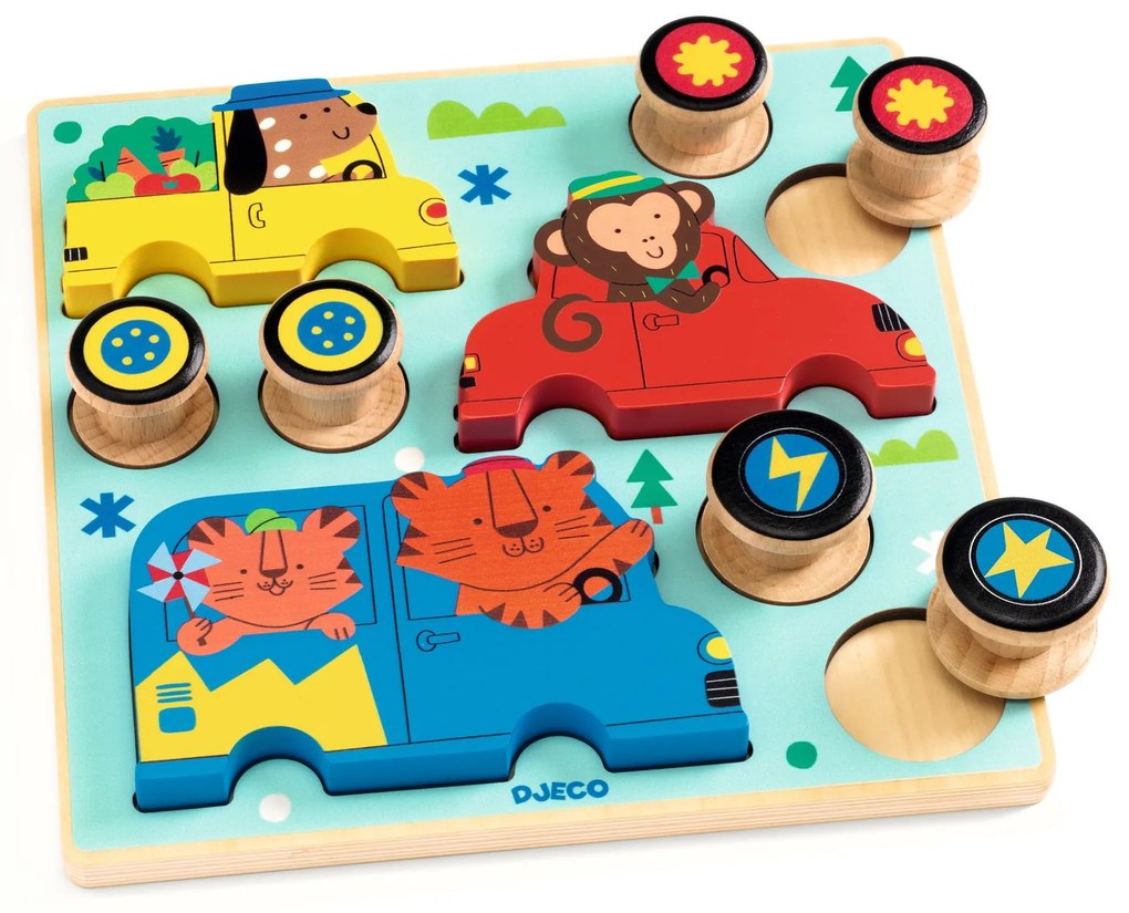 Puzz & Roll – drevená vkladačka a hračka na kolieskach v jednom – vozidlá