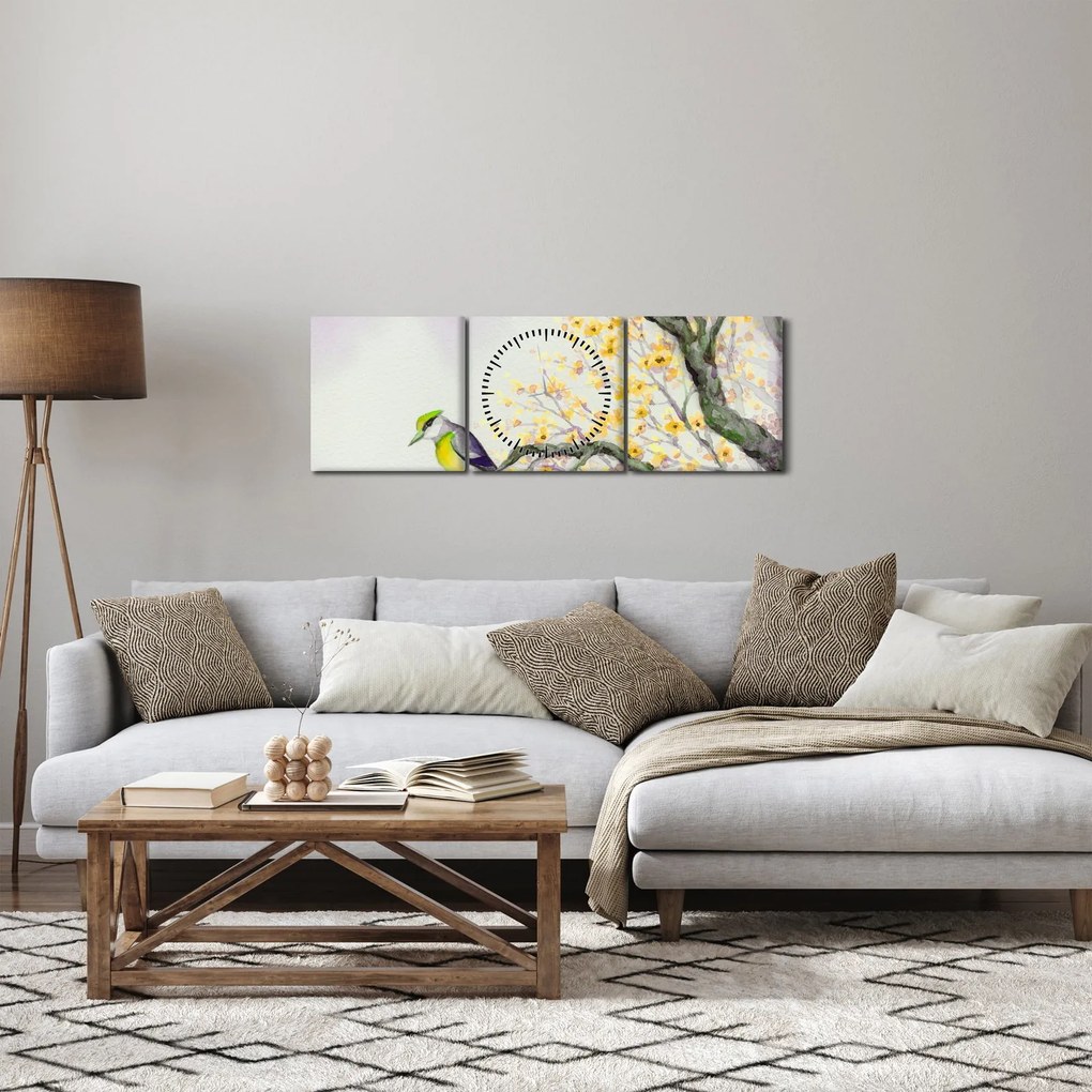 Obraz - Akvarelový vtáčik na strome (s hodinami) (90x30 cm)