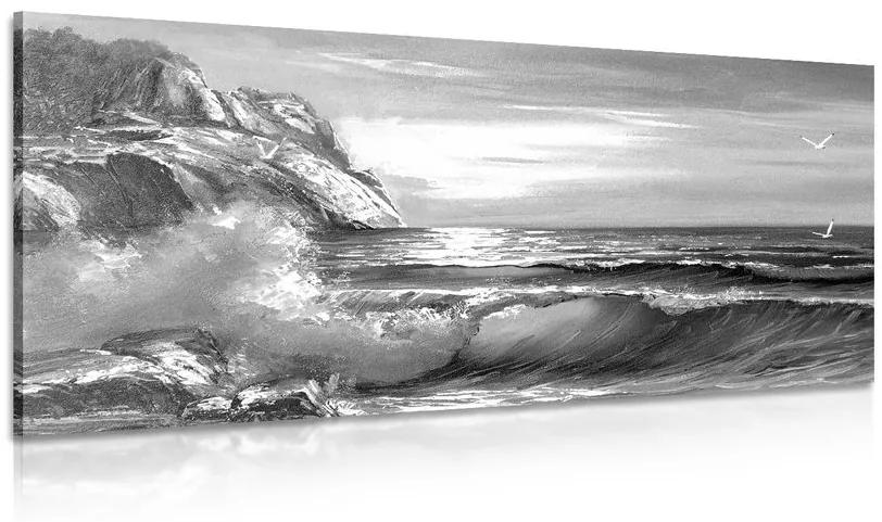 Obraz morské vlny na pobreží v čiernobielom prevedení Varianta: 120x60