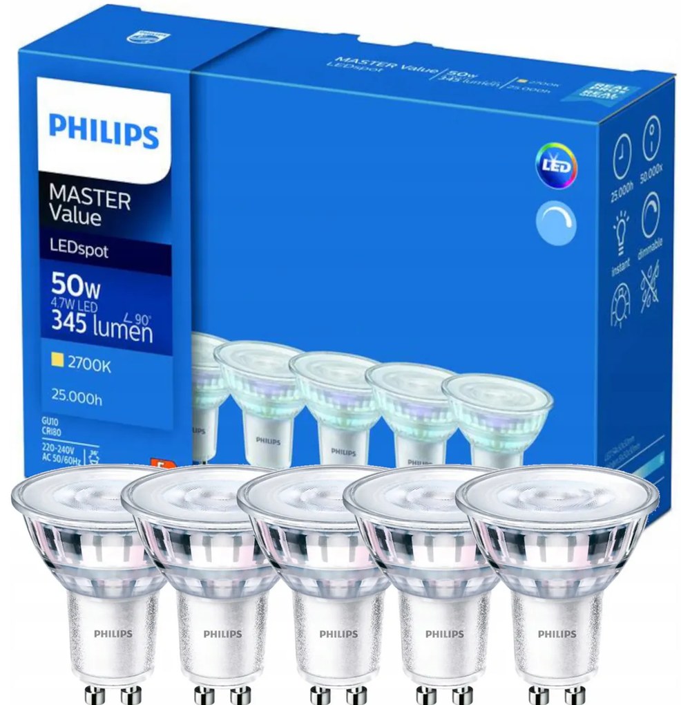 5x LED žiarovka Philips GU10 - 4,7 W - 345lm - 2700K