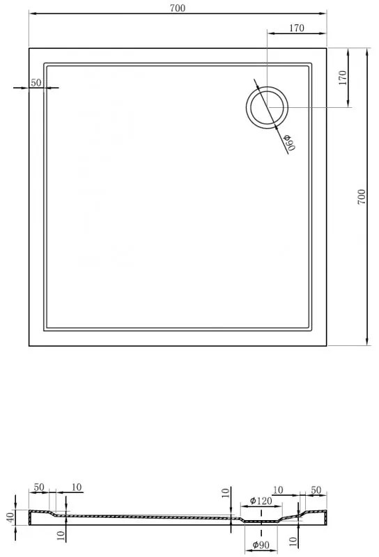 Mexen Flow, štvorcová sprchová vanička slim 70 x 70 cm, čierna matná, 46S707070