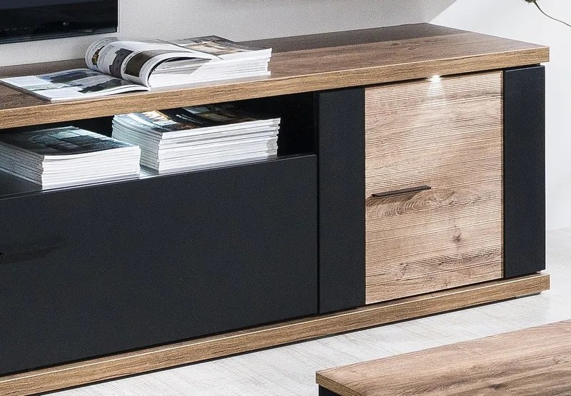 Obývacia stena Boston, čierna/dub ribbeck, s osvetlením