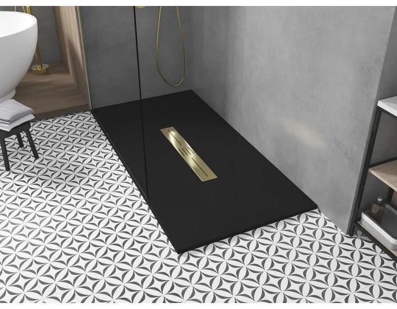 Mexen Toro, SMC obdĺžniková sprchová vanička 200 x 90 cm, čierna, zlatá krytka, 43709020-G