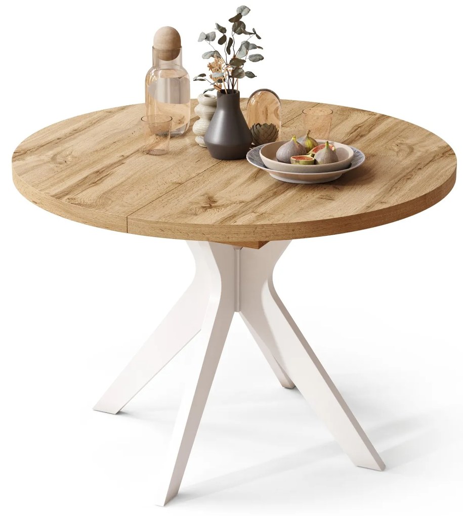 RENZO Dub Wotan/biela noha - OKRÚHLY STÔL Ø110 ROZKLADACÍ DO 180 cm | DO KUCHYNE JEDÁLNE OBÝVAČKY RETRO