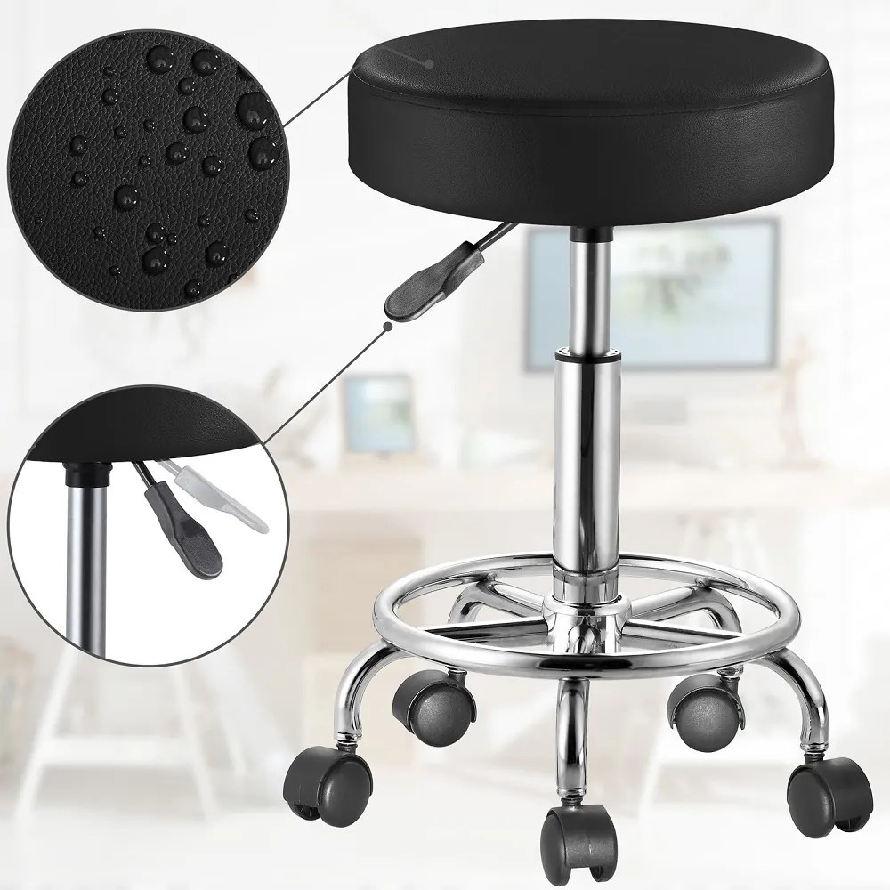 Taburetka na kolieskach OXANA s opierkou na nohy, Ø35cm, čierna Casaria