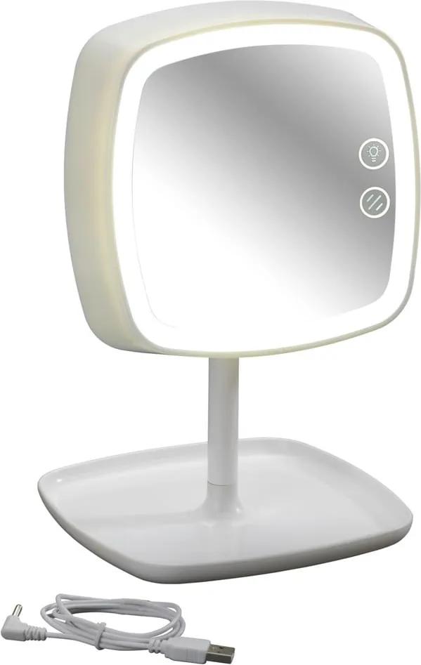 Biele stolové zrkadlo a lampička s LED svetlom Wenko Ostia