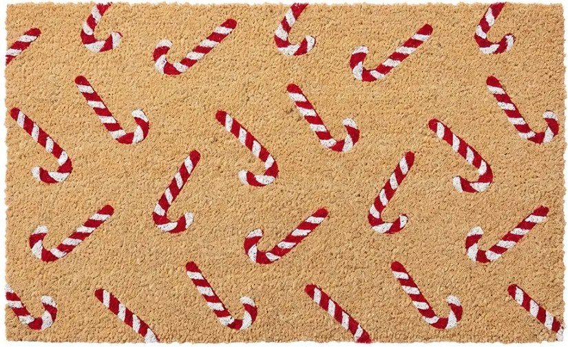 Hnědá kokosová rohožka s cukrovými otvormi Candy Cane Christmas - 75*45*1 cm