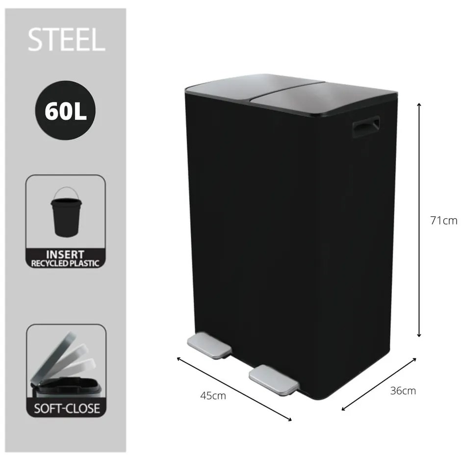 Matne čierny oceľový odpadkový kôš 2x30 l na triedený odpad/nášľapný Aliya – Spirella