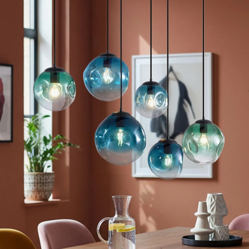 Art Deco závesná lampa čierna s oválnou stropnou doskou a zeleným a modrým sklom 6-svetelná - Douglass