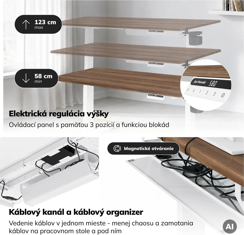 Elektrický stôl s nastaviteľnou výškou ergonomický biely/orech,1400x700 mm: ARIA