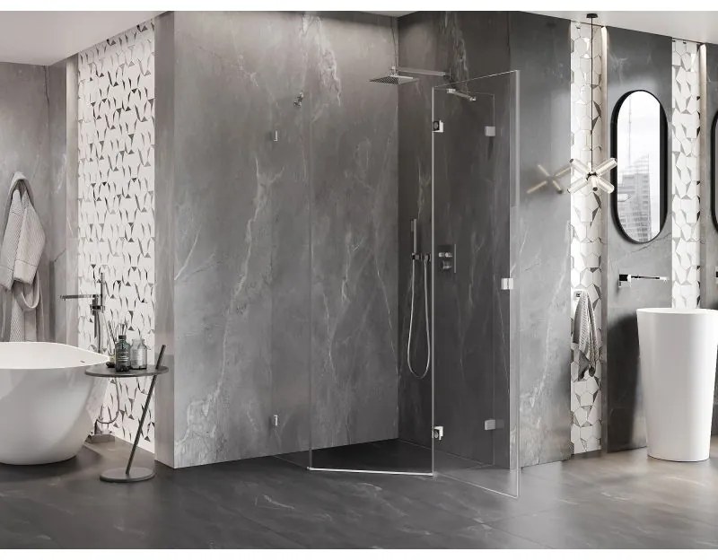 Mexen Lunar, výklopný päťuholníkový sprchový kút pravý 90 x 90 cm, 8mm číre sklo, chrómový profil, 831-090P-090L-01-00-P