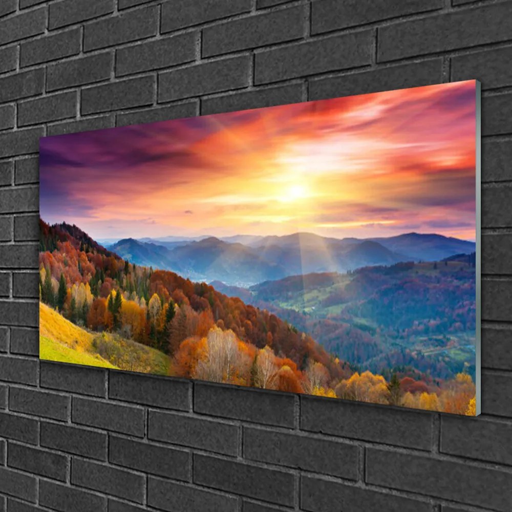 Skleneny obraz Hora les slnko krajina 120x60 cm