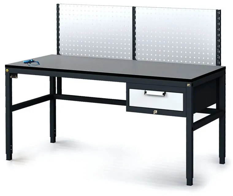 Antistatický dielenský ESD stôl s perfopanelom, 1 zásuvkový box na náradie, 1600x800x745-985 mm
