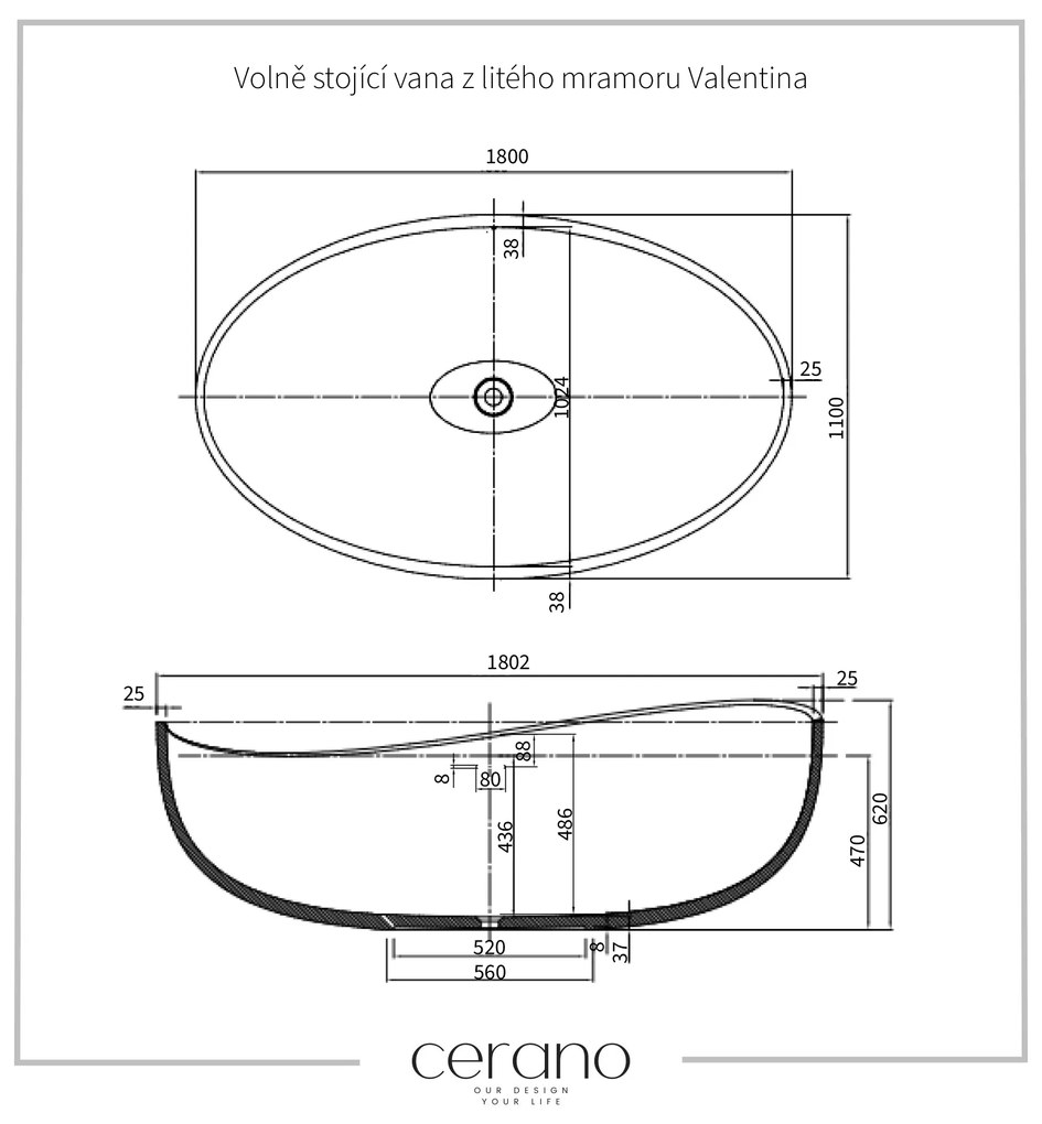 Cerano Valentina, voľne stojaca vaňa z liateho mramoru 180x110 cm, čierna matná, CER-CER-417521