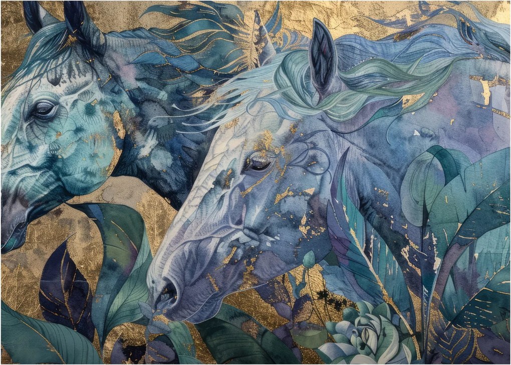 Obraz - Kone so zlatým pozadím (70x50 cm)
