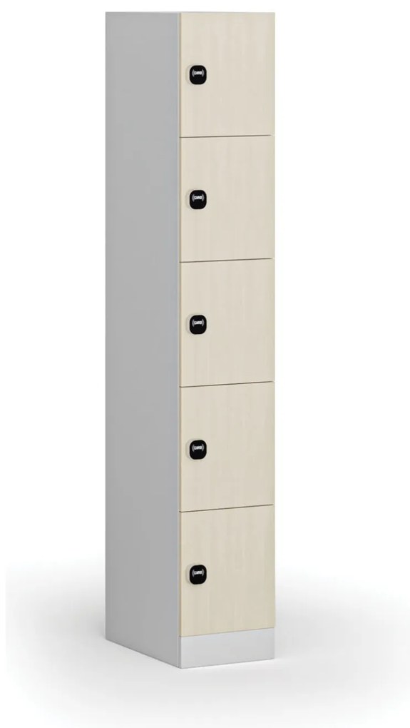 Šatníková skrinka s úložnými boxmi, 5 boxov, 1850 x 300 x 500 mm, demont, zámok s čítačkou RFID kariet, laminované dvere, breza