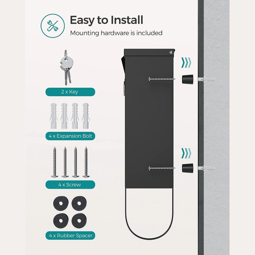 Moderná poštová schránka s držiakom na noviny, čierna