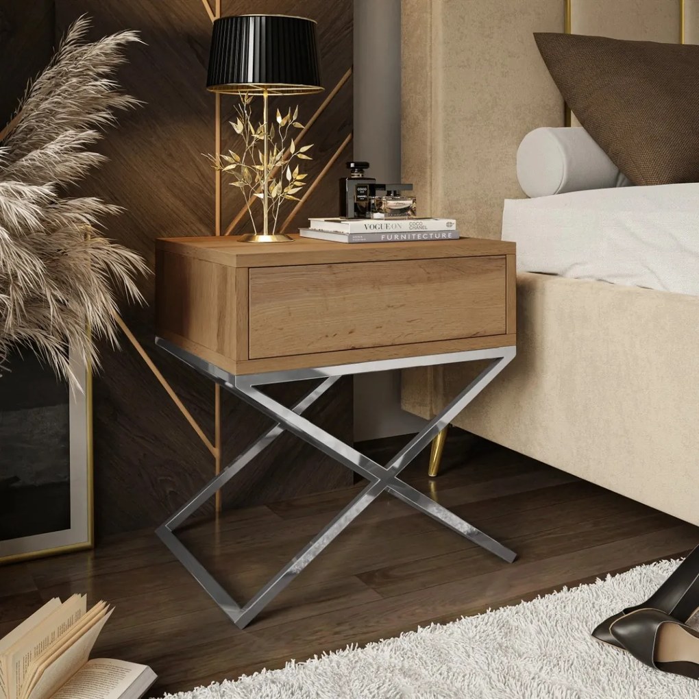 NOČNÝ STOLÍK EDWARD X DUB WOTAN + POCHRÓMOVANÝ OCEĽOVÝ PODSTAVEC