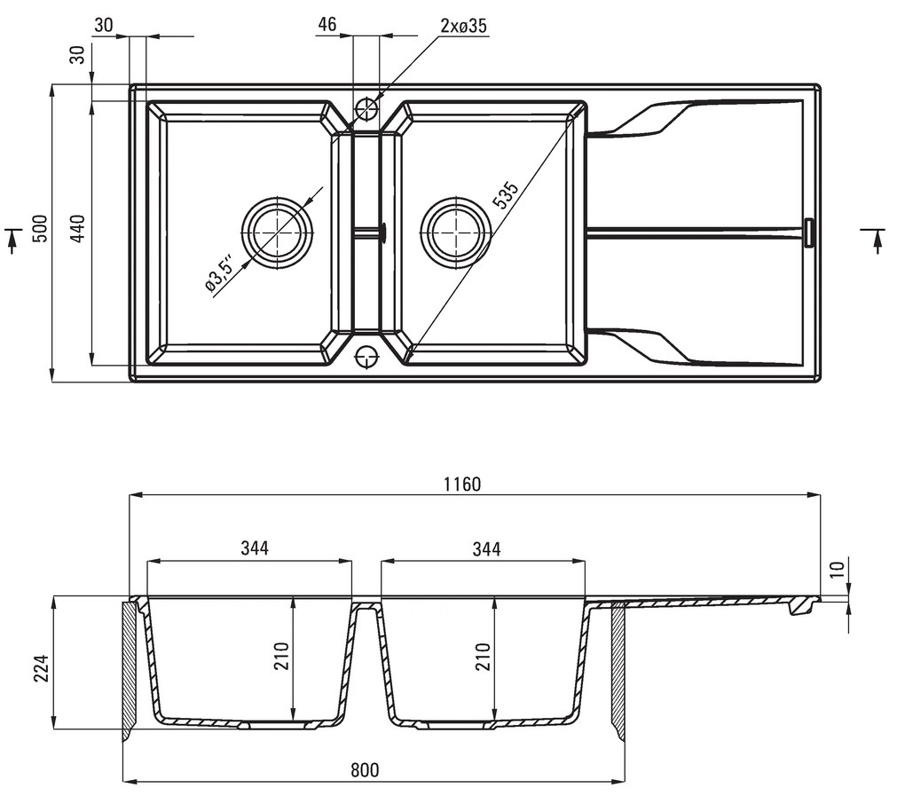 Deante Andante, granitový drez 1160x500x224 mm + priestorovo úsporný sifón, 2-komorový, antracitová, ZQN_T213