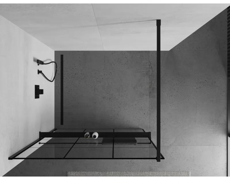 Mexen Kioto+, sprchová zástena s poličkou a držiakom na uteráky 100 x 200 cm, 8mm sklo číre sklo vzor čierny, čierny profil, 800-100-121-70-77