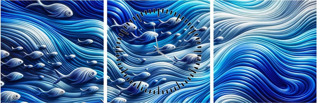 Obraz – Ryby vo vlnách (s hodinami) (90x30 cm)