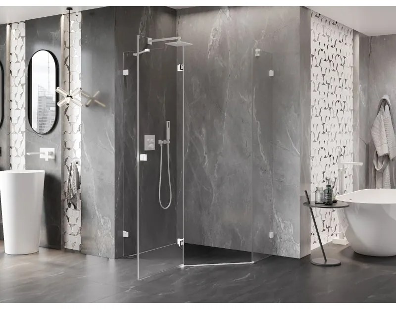 Mexen Lunar, Päťuholníkový sprchový kút Mexen Lunar naklápací doľava 100 x 90 cm, 8mm číre sklo, biely profil, 831-100L-090P-01-20-L