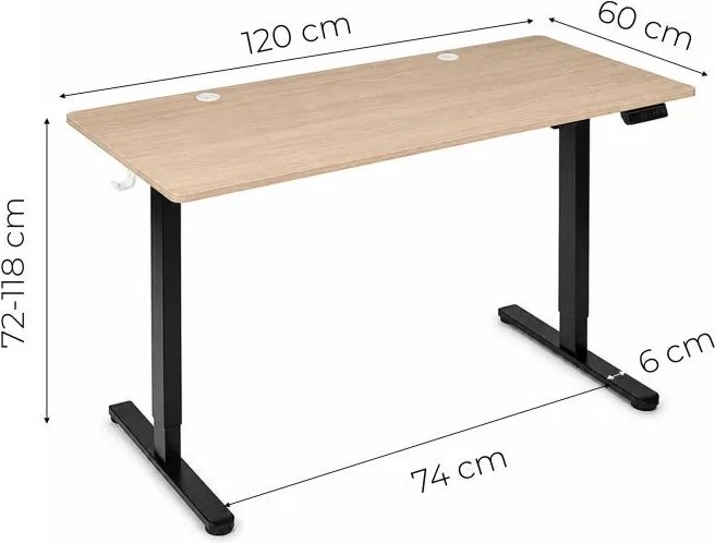 Elektrický písací stôl 120x60 cm, zdvíhateľný, výškovo nastaviteľná 72-118 cm, svetlý dub,