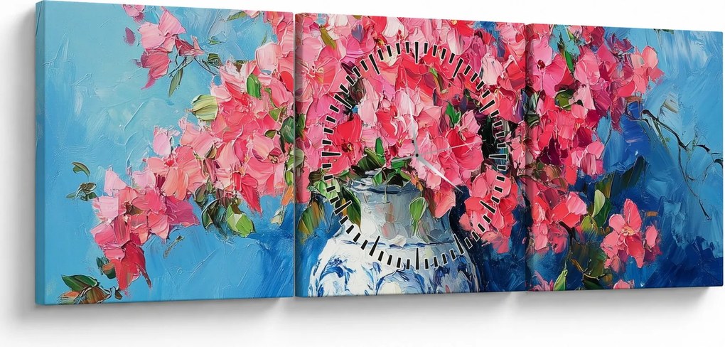 Obraz - Váza ružových kvetov (s hodinami) (90x30 cm)