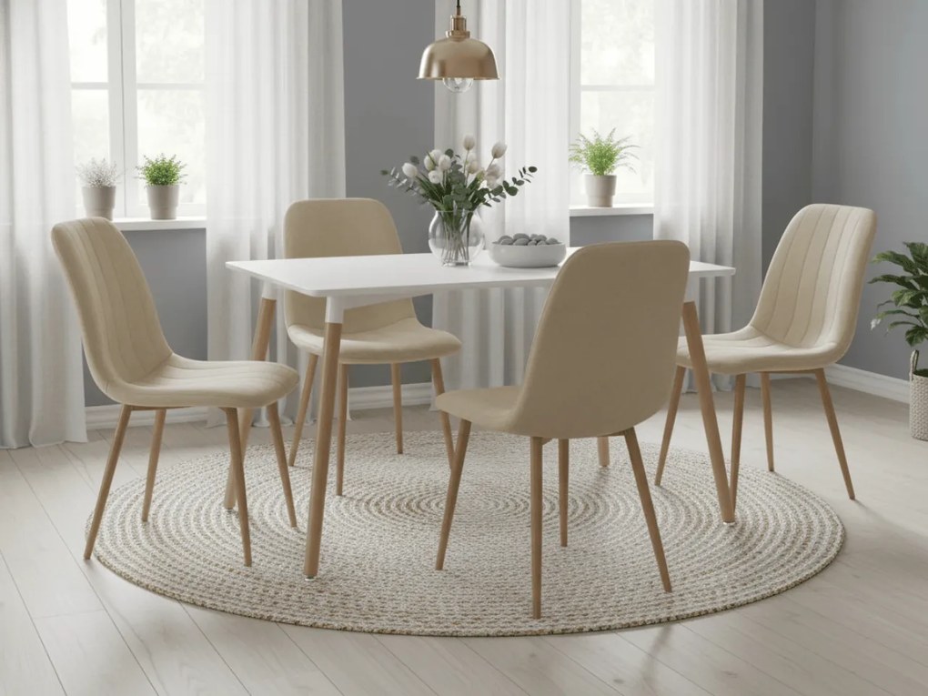 Jedálenský set 1 + 4, biely jedálenský stôl ADRIA 120x80 cm + krémová zamatová stolička LAVA
