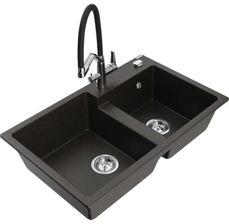 Mexen Tomas, 2-komorový granitový drez 800x500x190 mm a kuchynská batéria Duo, čierna-zlatá metalíza, 6516-75-671701-07