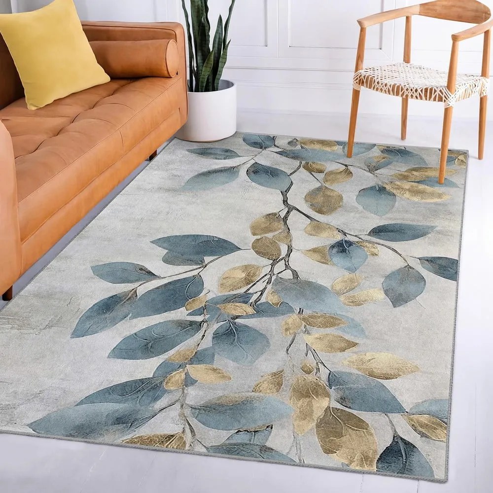 Prateľný koberec vo svetlomodrej a zlatej farbe 160x230 cm Golden Leaves – Mila Home