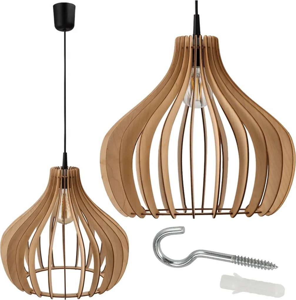 Závesný stropný lumper LED E27 nastaviteľný 0-100cm drevené tienidlo