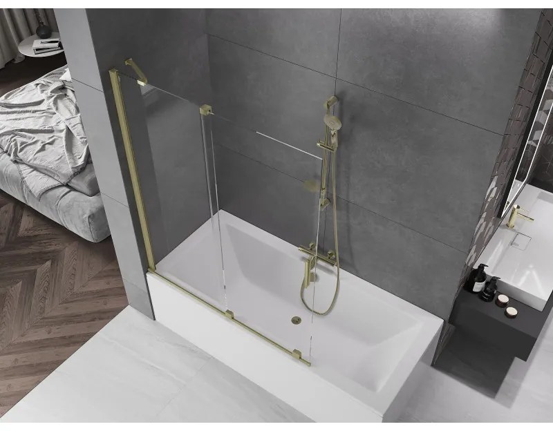 Mexen Velar, 2-krídlová posuvná vaňová zástena 130 x 150 cm, 8mm číre sklo, zlatý matný profil, 896-130-000-01-55